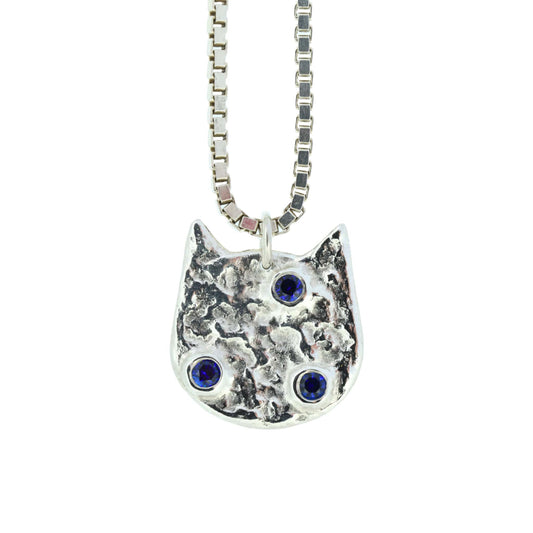 Cat Pendant Necklace With Blue Sapphire Trio