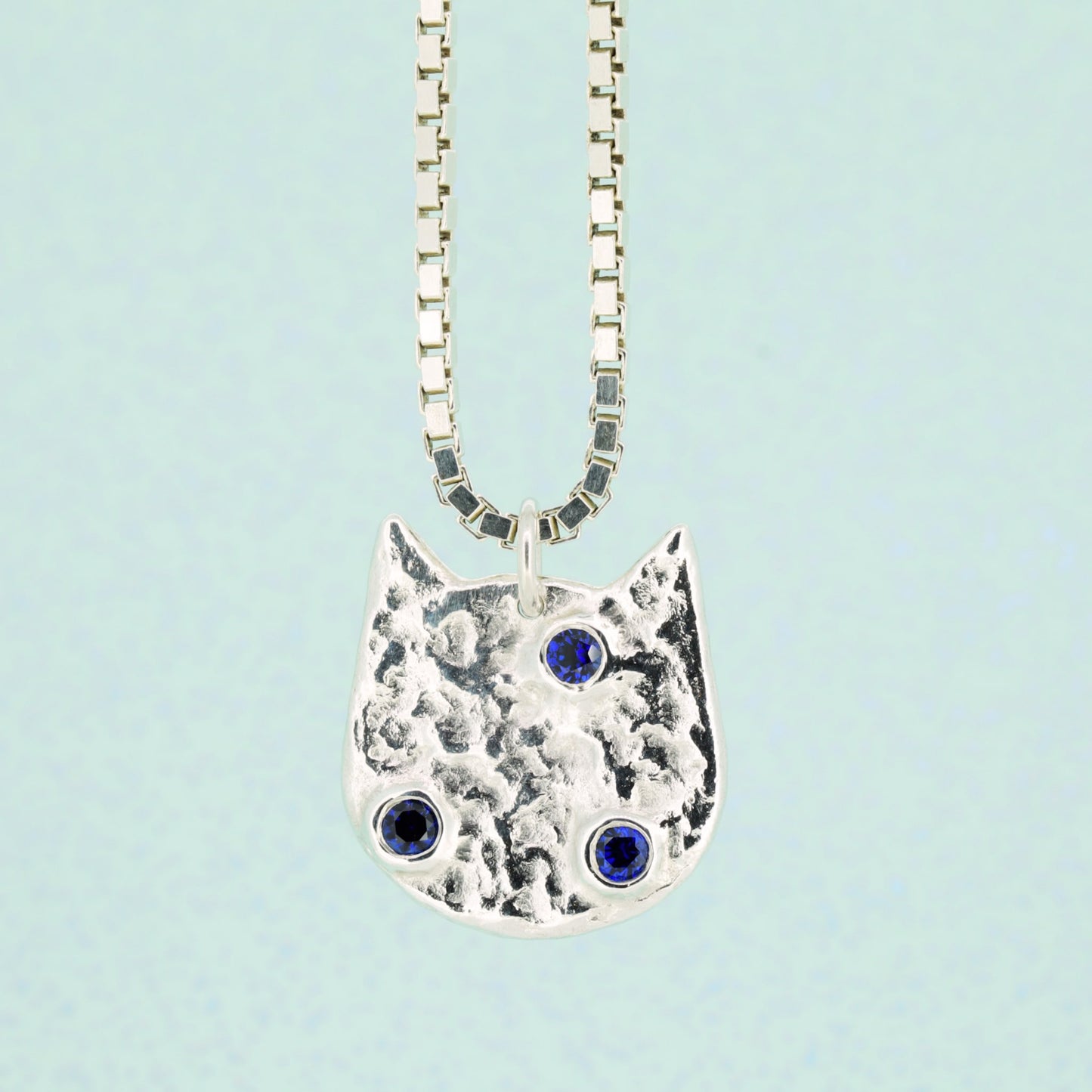 Cat Pendant Necklace With Blue Sapphire Trio