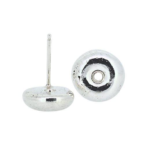 Silver earring with a textured design on a white background