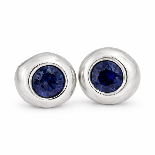 Handcrafted Sapphire Stud Earrings - Minimalist Organic Silver Jewelry