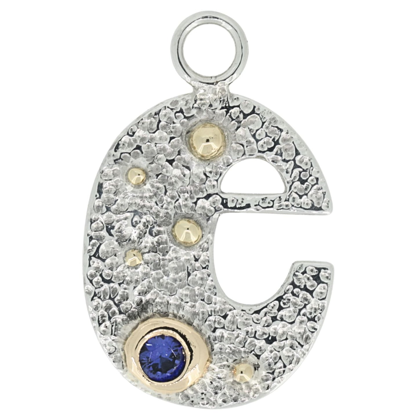 Silver letter 'e' pendant with gemstones on a white background