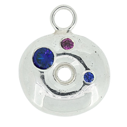 Silver beigel pendant with blue and purple gemstones on a white background