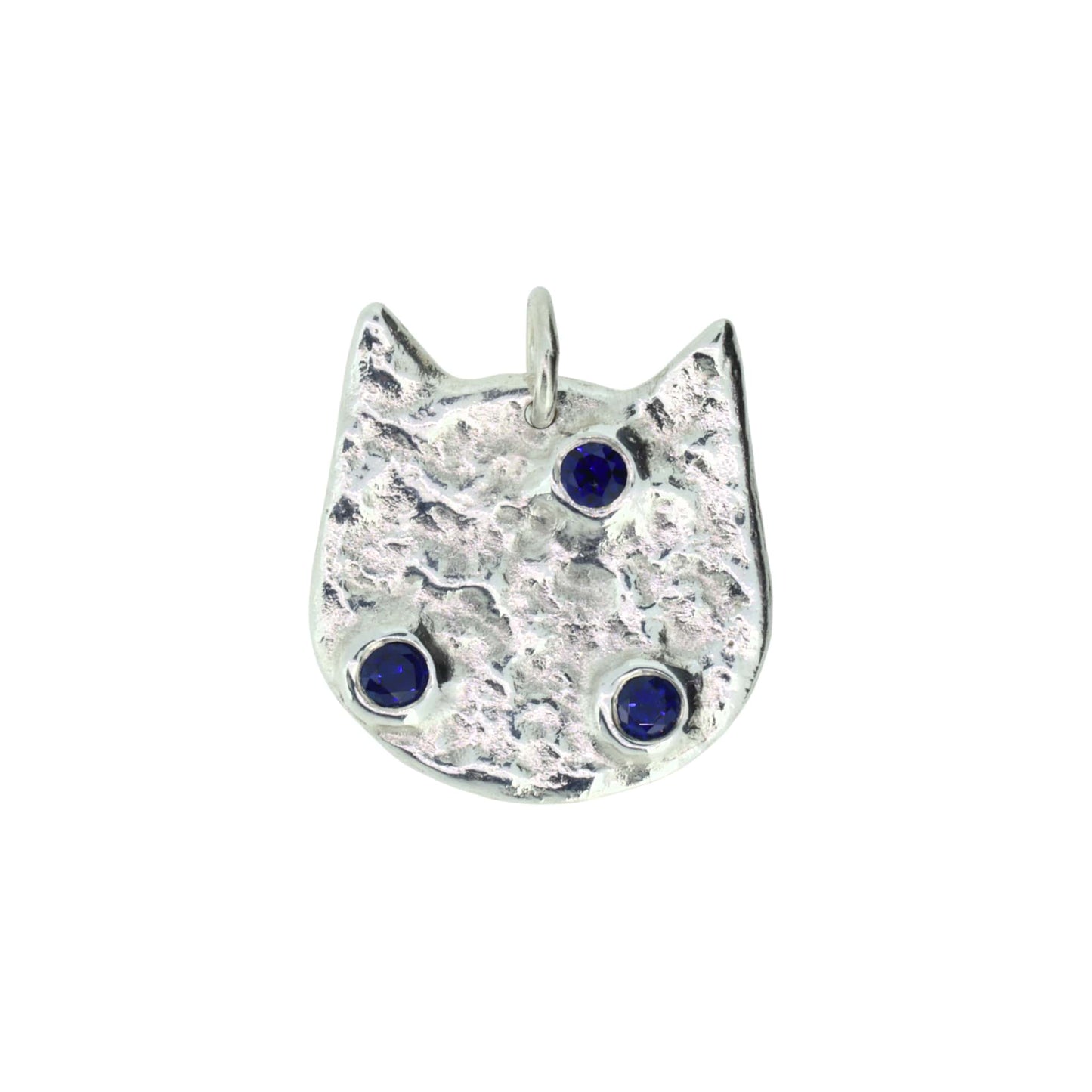 Cat-shaped pendant necklace with blue gemsstones on a white background
