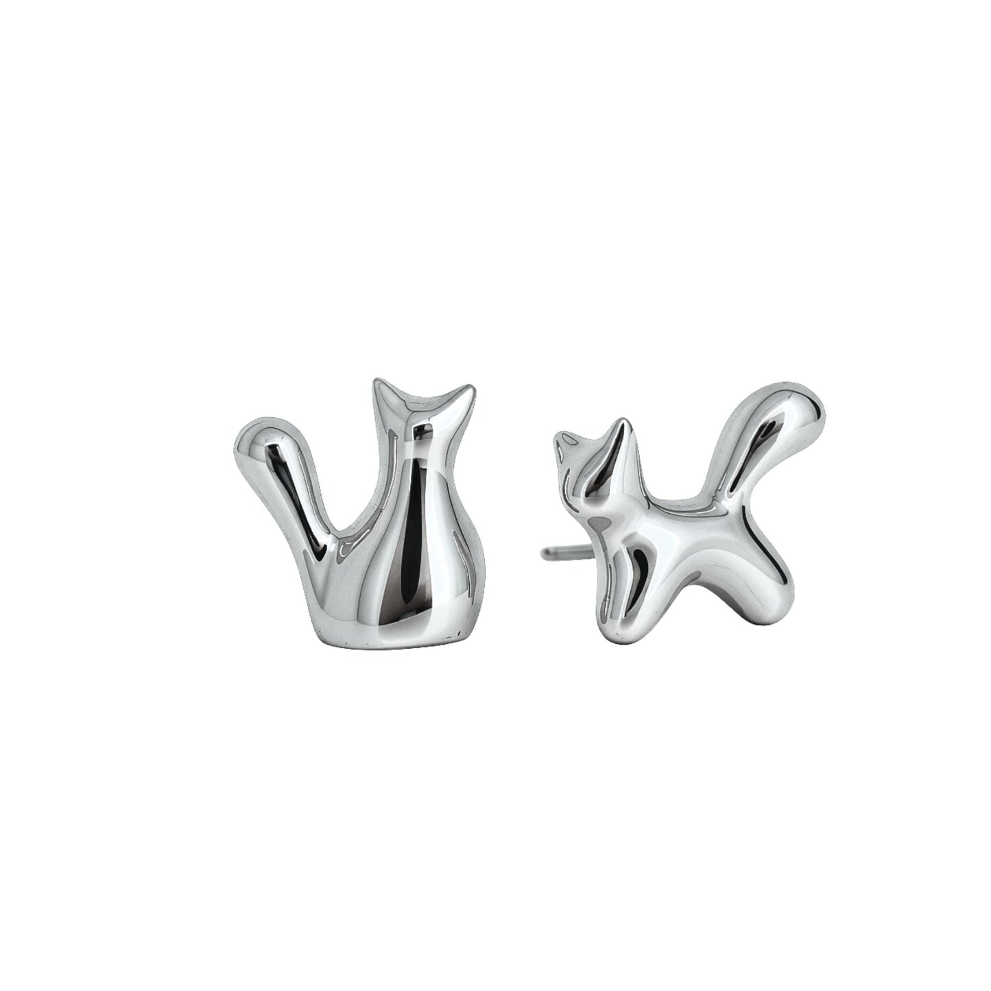 A pair of polished silver cat-shaped stud earrings shown from front and side angles on a plain white background.