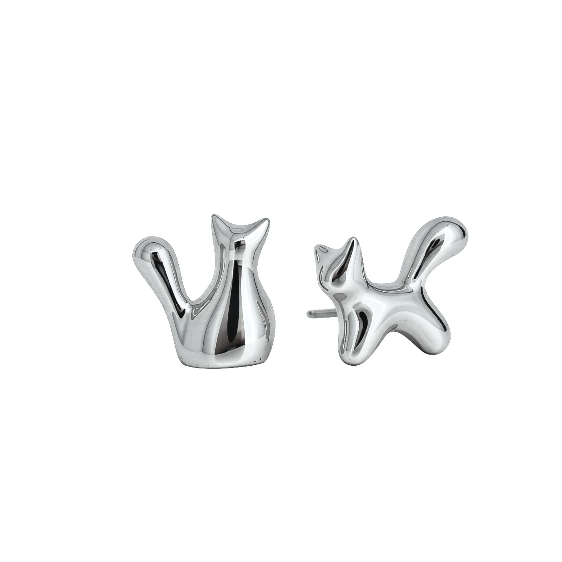 A pair of polished silver cat-shaped stud earrings shown from front and side angles on a plain white background.