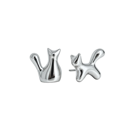A pair of polished silver cat-shaped stud earrings shown from front and side angles on a plain white background.