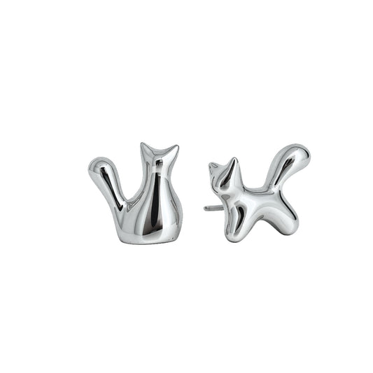 A pair of polished silver cat-shaped stud earrings shown from front and side angles on a plain white background.