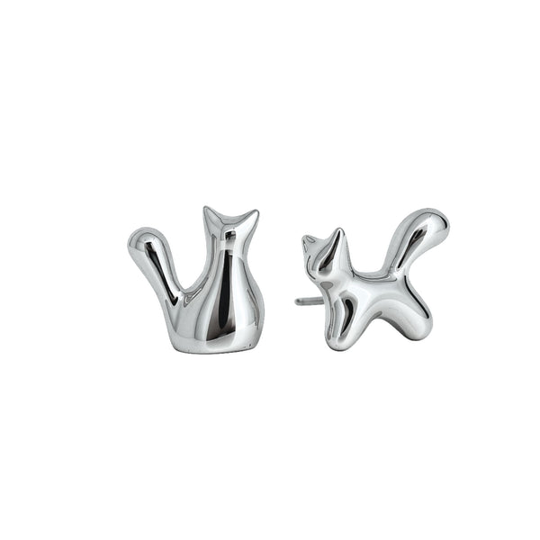 A pair of polished silver cat-shaped stud earrings shown from front and side angles on a plain white background.