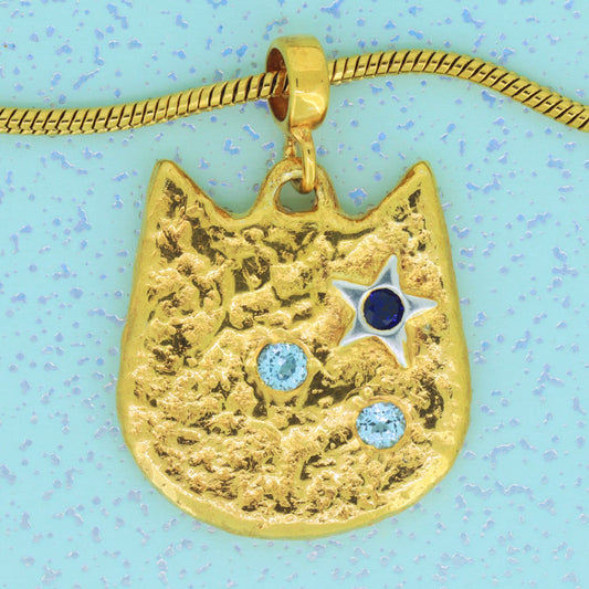 Cat Pendant Necklace With Blue Sapphire & Topaz